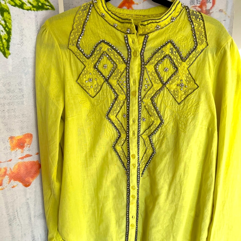 Pilcro by Anthropologie Embellished Yellow Linen Blouse - Size Large